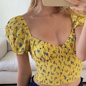 Skylar + Madison Yellow Floral Puff-Sleeve Smocked Crop Top